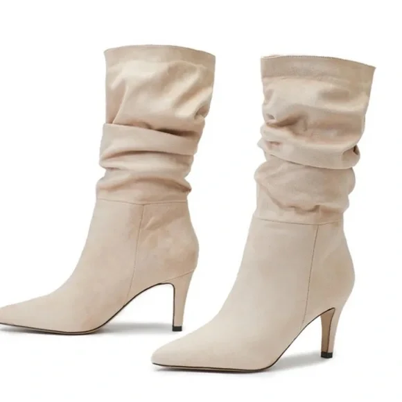 NWT‎ Newbella Slouchy Ivory Heeled Suede Boots - Picture 3 of 8